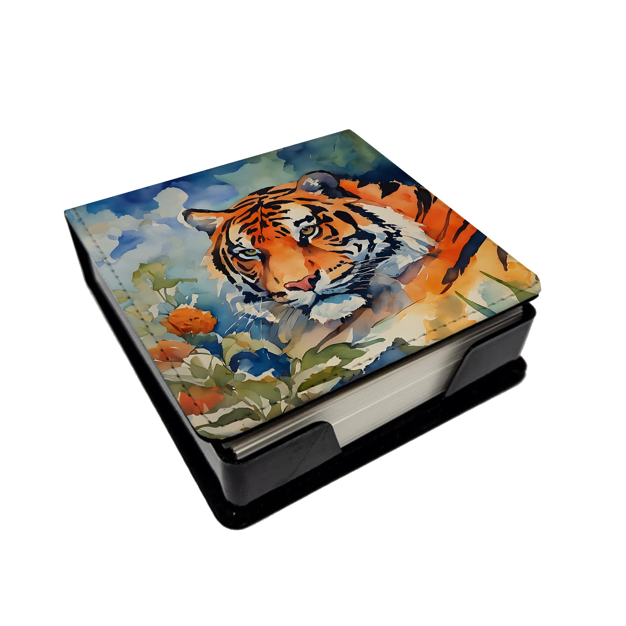 Tiger PU Leather Note Paper Holder with Artist-Designed Cover, Desk Accessory, Office Gift
