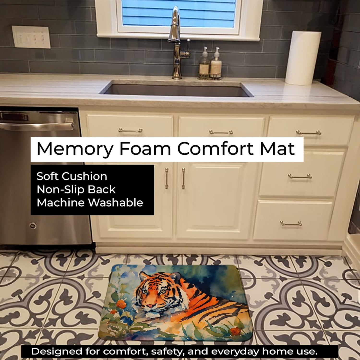 Tiger Memory Foam Kitchen Mat Machine Washable Anti-Fatigue Cushion Comfort Bath or Kitchen Rug