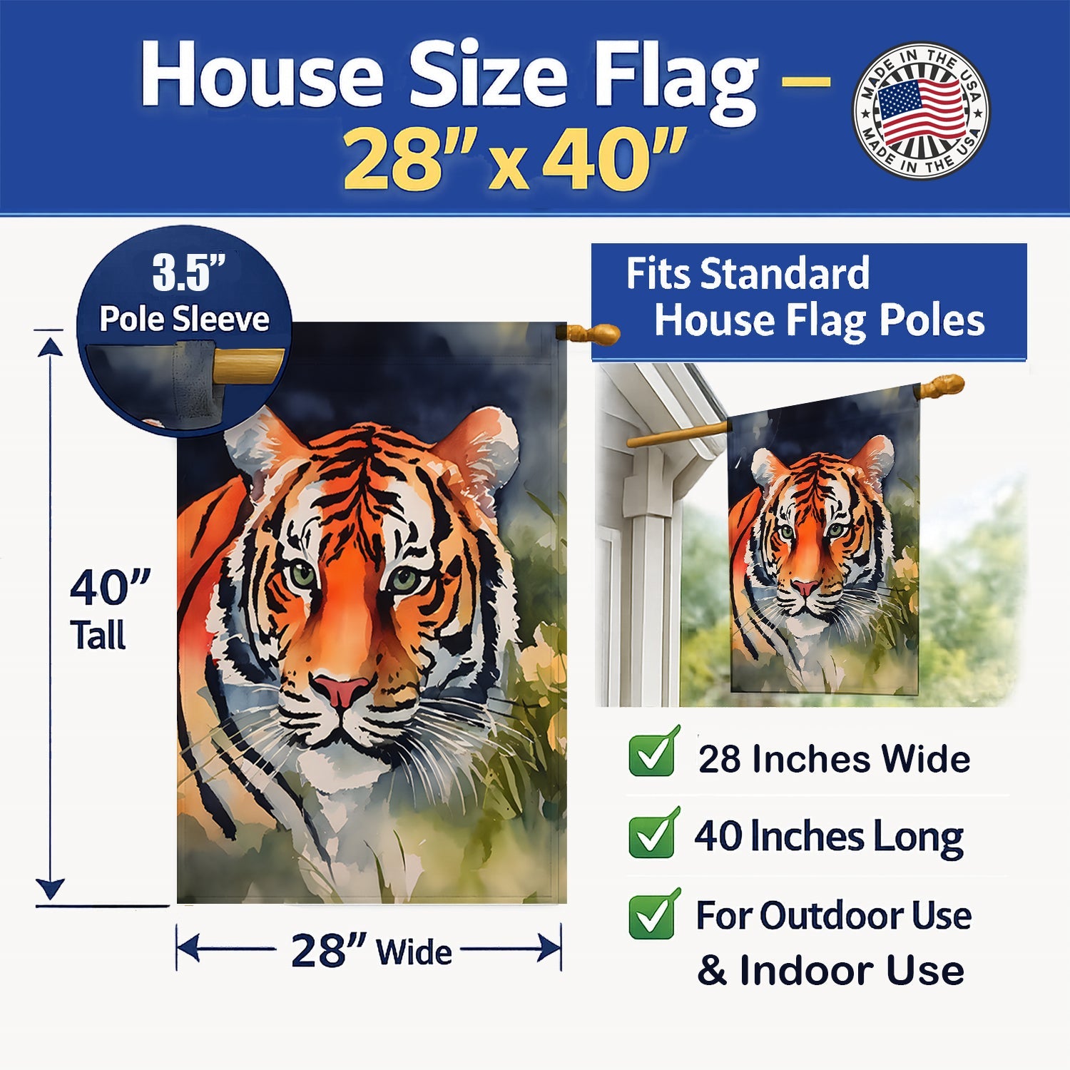 Tiger House Flag 28x40 Porch Sleeve Pole Decorative Outside Yard Banner Artwork Wall Hanging, Polyester