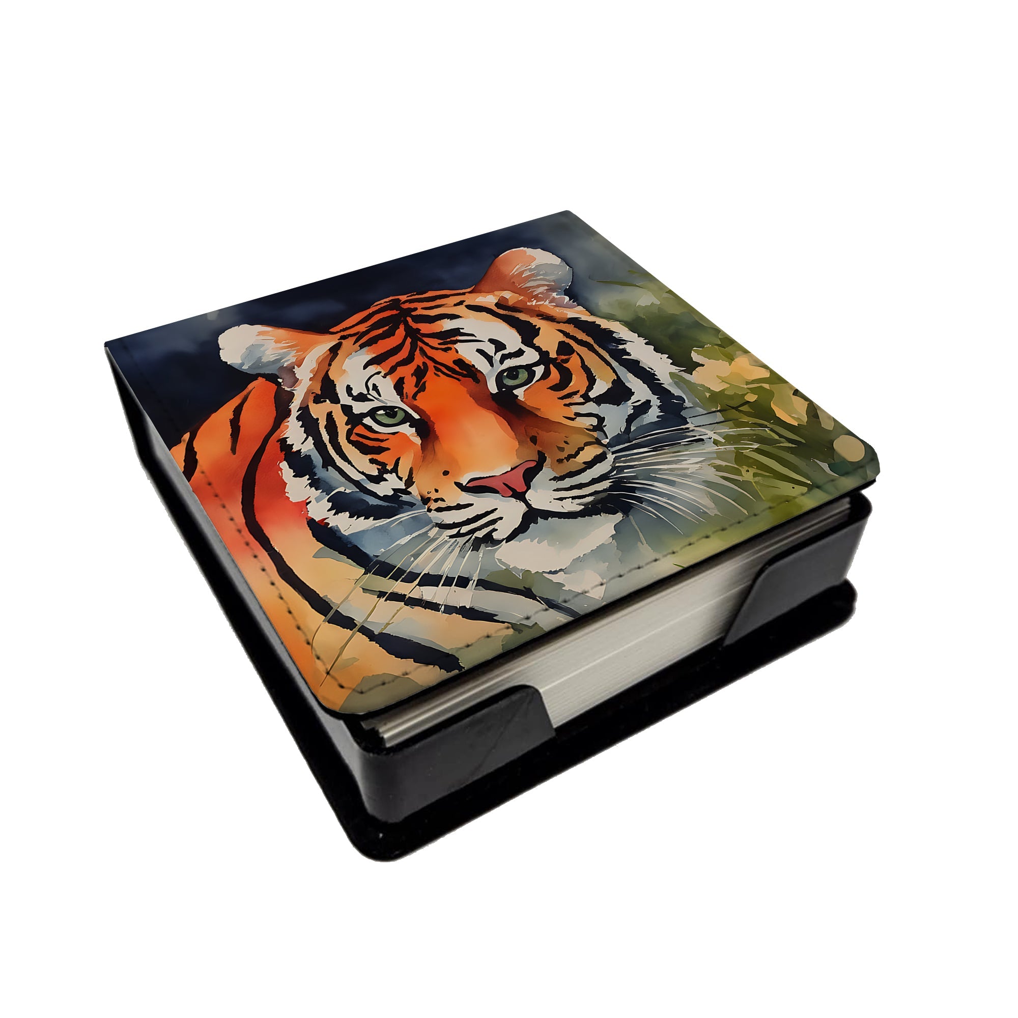 Tiger PU Leather Note Paper Holder with Artist-Designed Cover, Desk Accessory, Office Gift