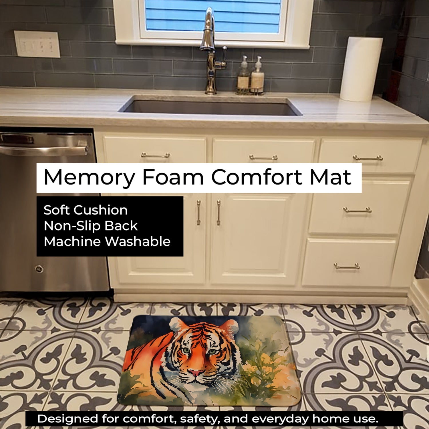 Tiger Memory Foam Kitchen Mat Machine Washable Anti-Fatigue Cushion Comfort Bath or Kitchen Rug