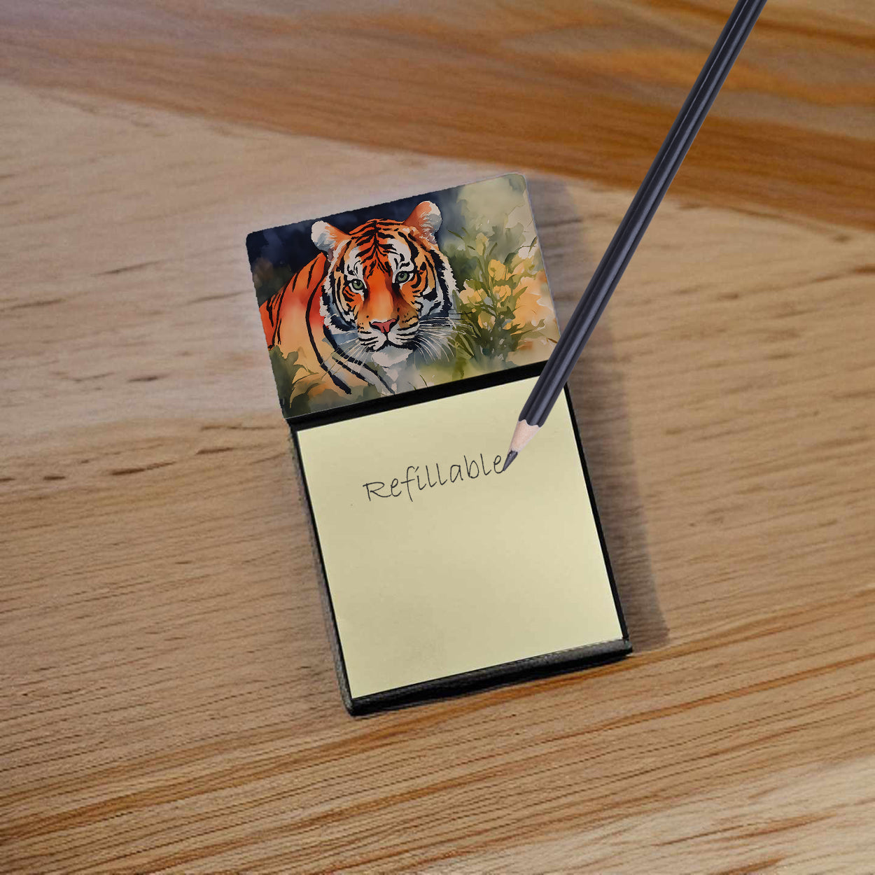 Tiger Watercolor Sticky Note Holder Refillable Dispenser Desk Accessory 3x3 Pad Gift