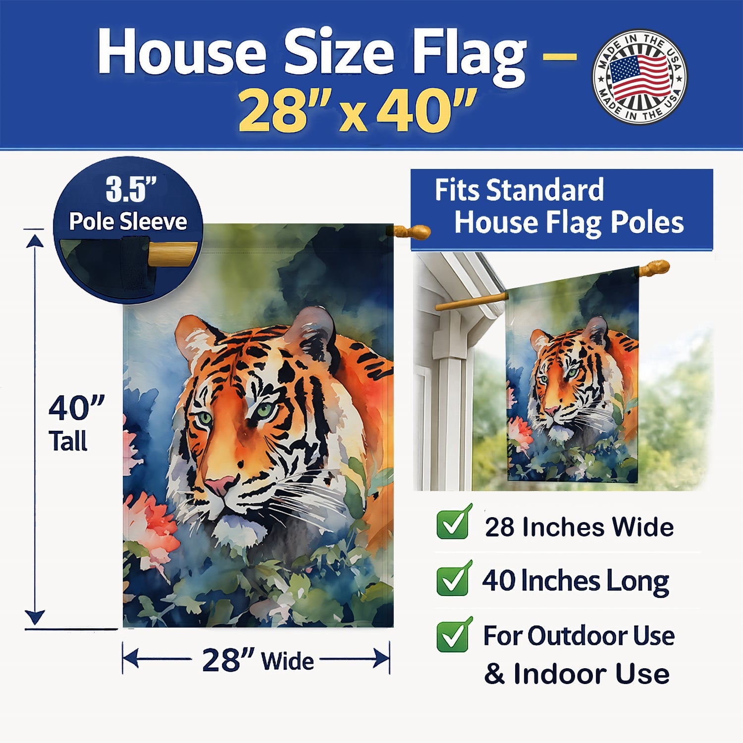 Tiger House Flag 28x40 Porch Sleeve Pole Decorative Outside Yard Banner Artwork Wall Hanging, Polyester