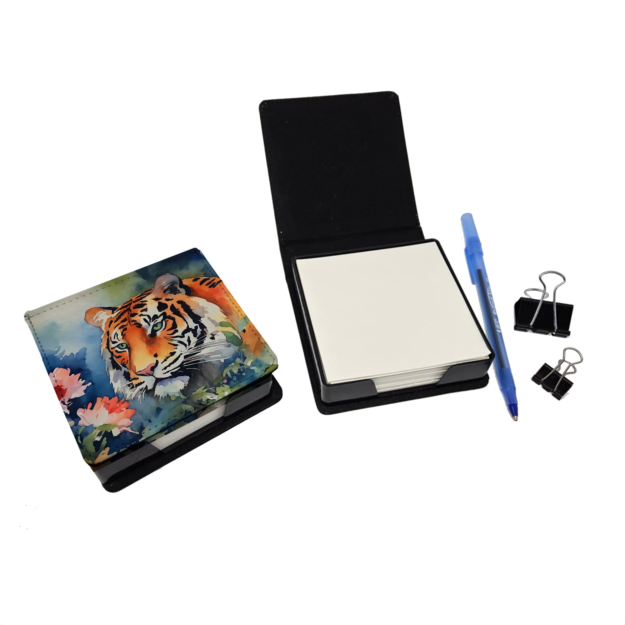 Tiger PU Leather Note Paper Holder with Artist-Designed Cover, Desk Accessory, Office Gift
