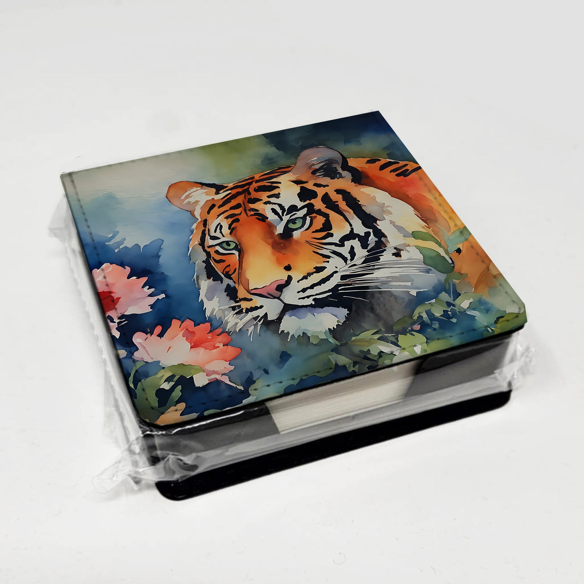 Tiger PU Leather Note Paper Holder with Artist-Designed Cover, Desk Accessory, Office Gift