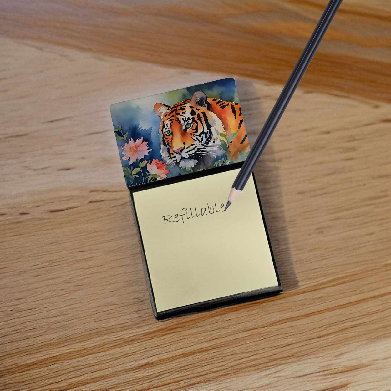 Tiger Watercolor Sticky Note Holder Refillable Dispenser Desk Accessory 3x3 Pad Gift