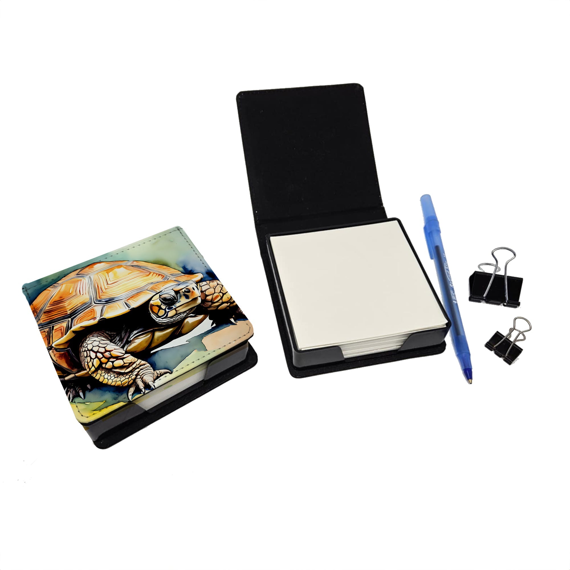 Turtles Tortoises PU Leather Note Paper Holder with Artist-Designed Cover, Desk Accessory, Office Gift
