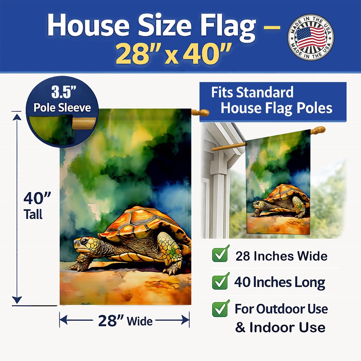 Turtles Tortoises House Flag 28x40 Porch Sleeve Pole Decorative Outside Yard Banner Artwork Wall Hanging, Polyester