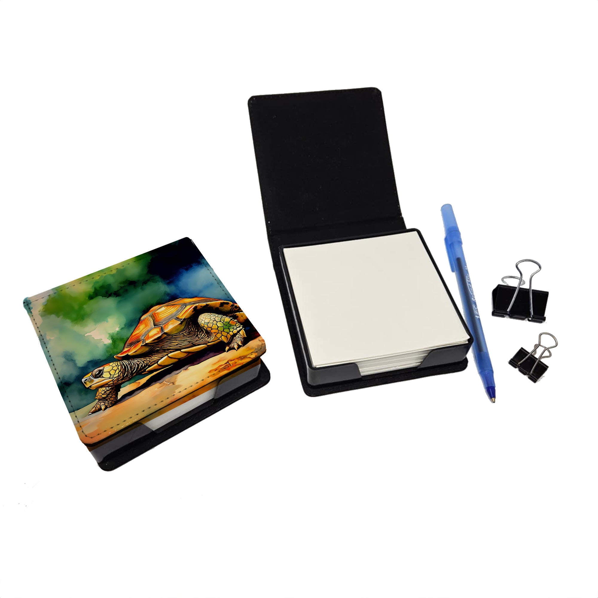 Turtles Tortoises PU Leather Note Paper Holder with Artist-Designed Cover, Desk Accessory, Office Gift