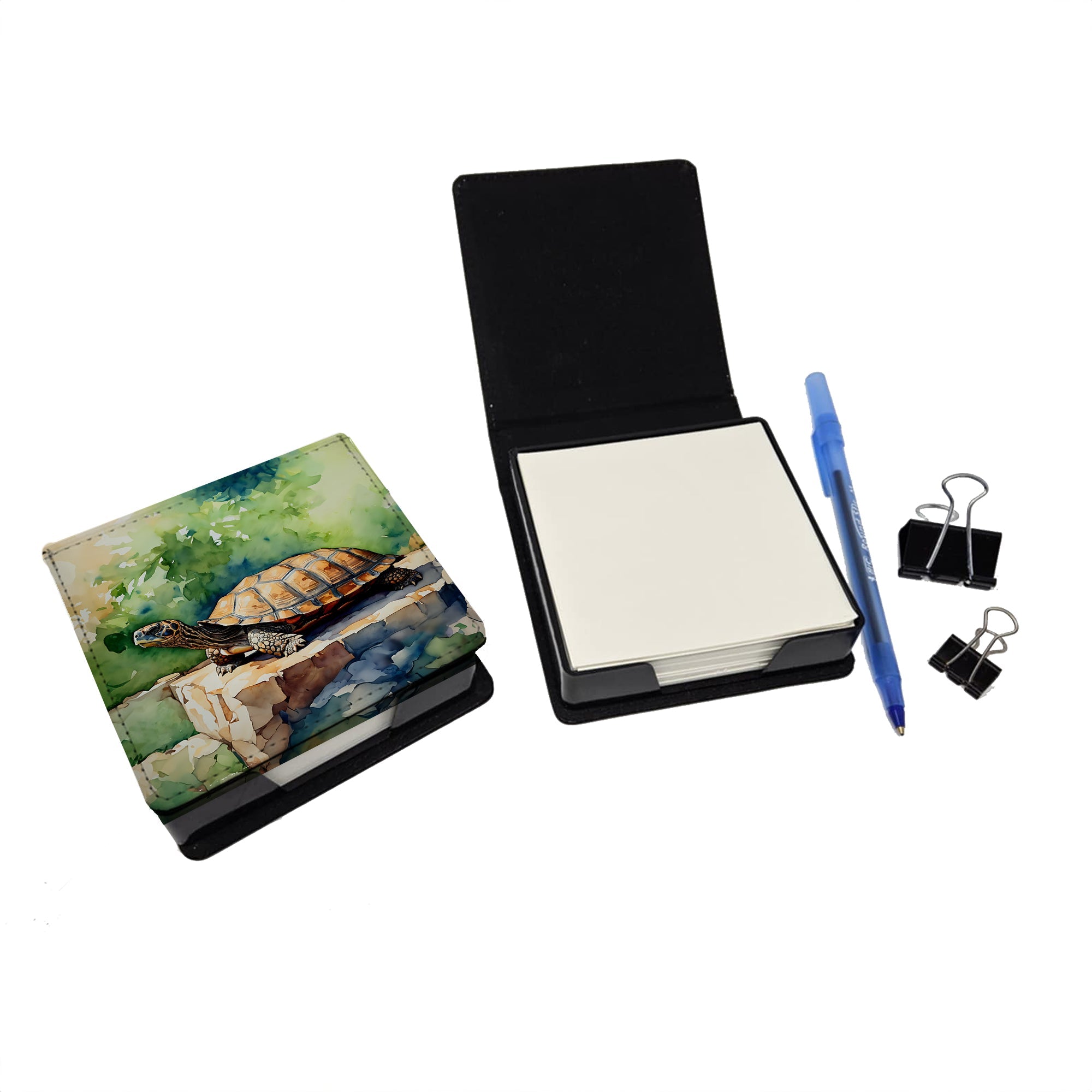 Turtles Tortoises PU Leather Note Paper Holder with Artist-Designed Cover, Desk Accessory, Office Gift