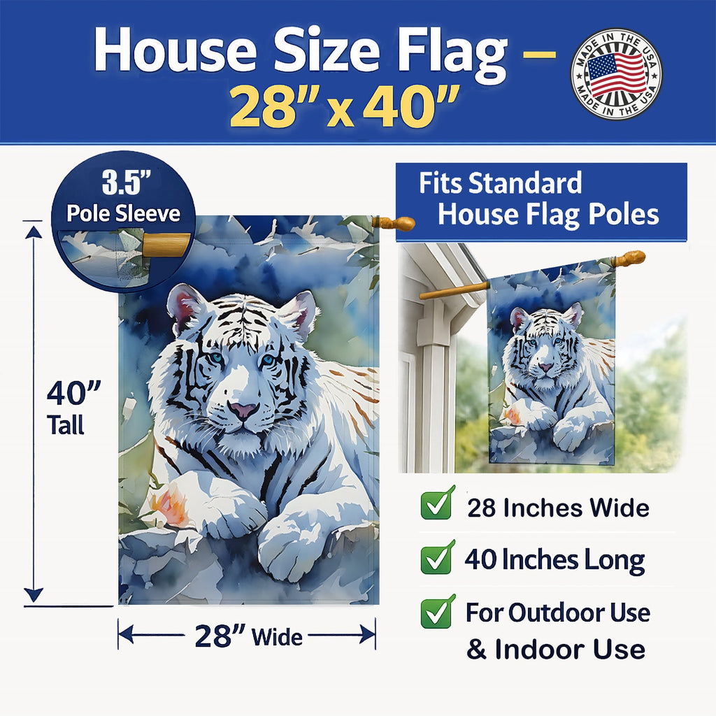 White Tiger House Flag 28x40 Porch Sleeve Pole Decorative Outside Yard Banner Artwork Wall Hanging, Polyester