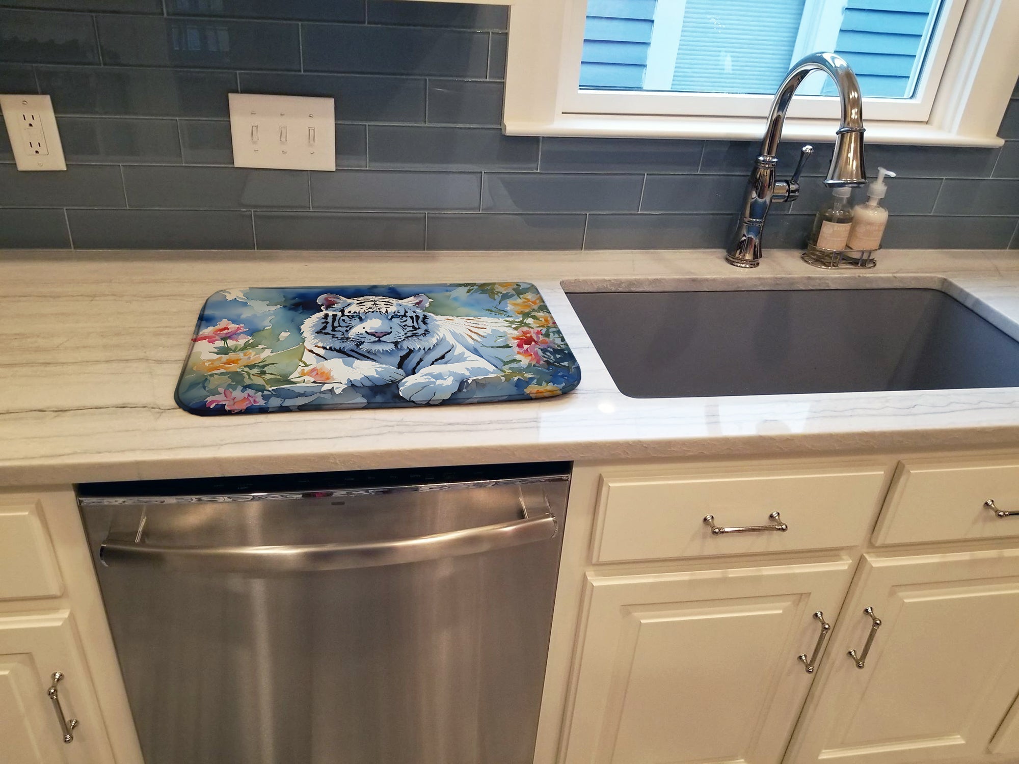 White Tiger Dish Drying Mat Absorbent Dish Drying Mat Pad for Kitchen Counter Dish Drainer Mat for Countertop, 14 x 21", Multicolor
