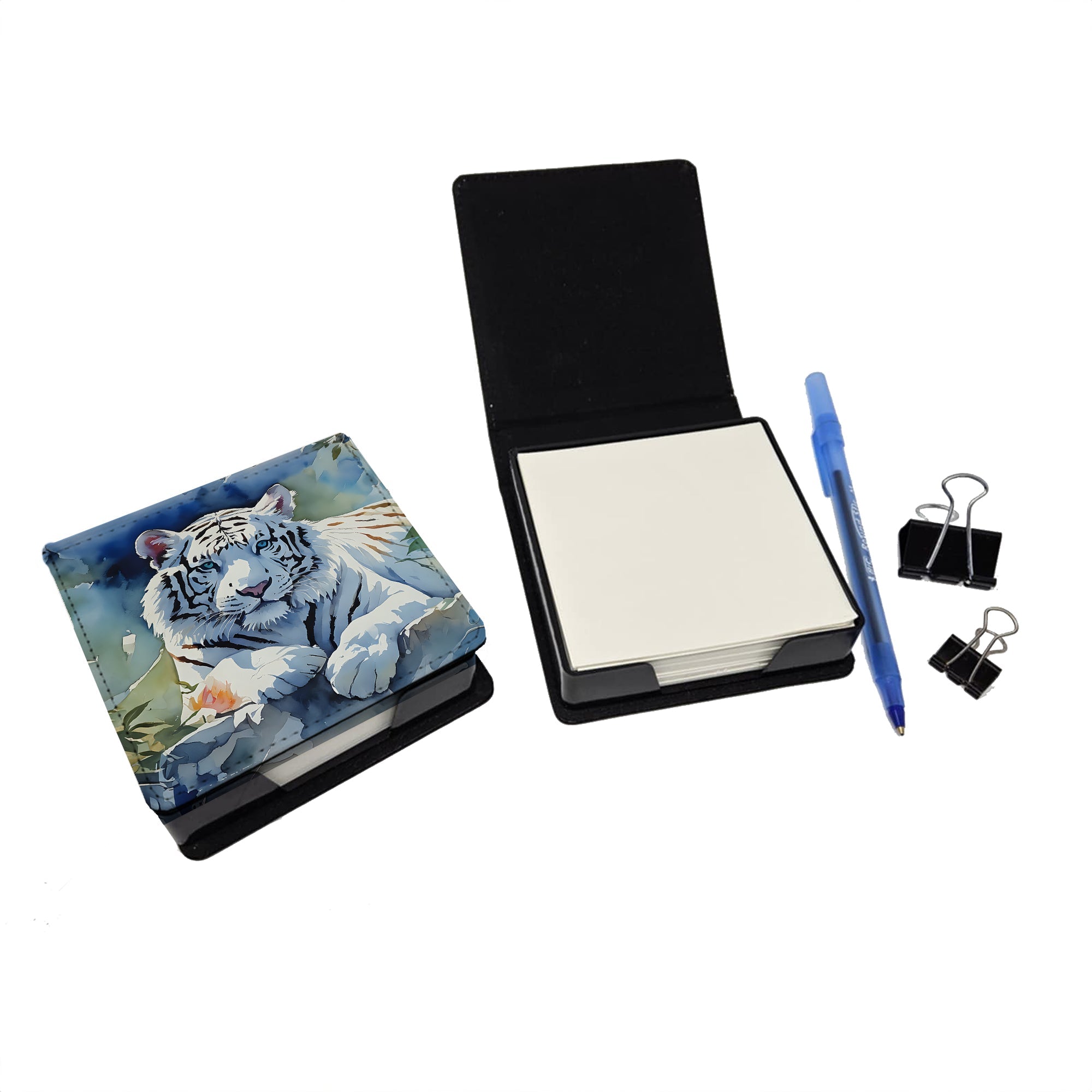 White Tiger PU Leather Note Paper Holder with Artist-Designed Cover, Desk Accessory, Office Gift