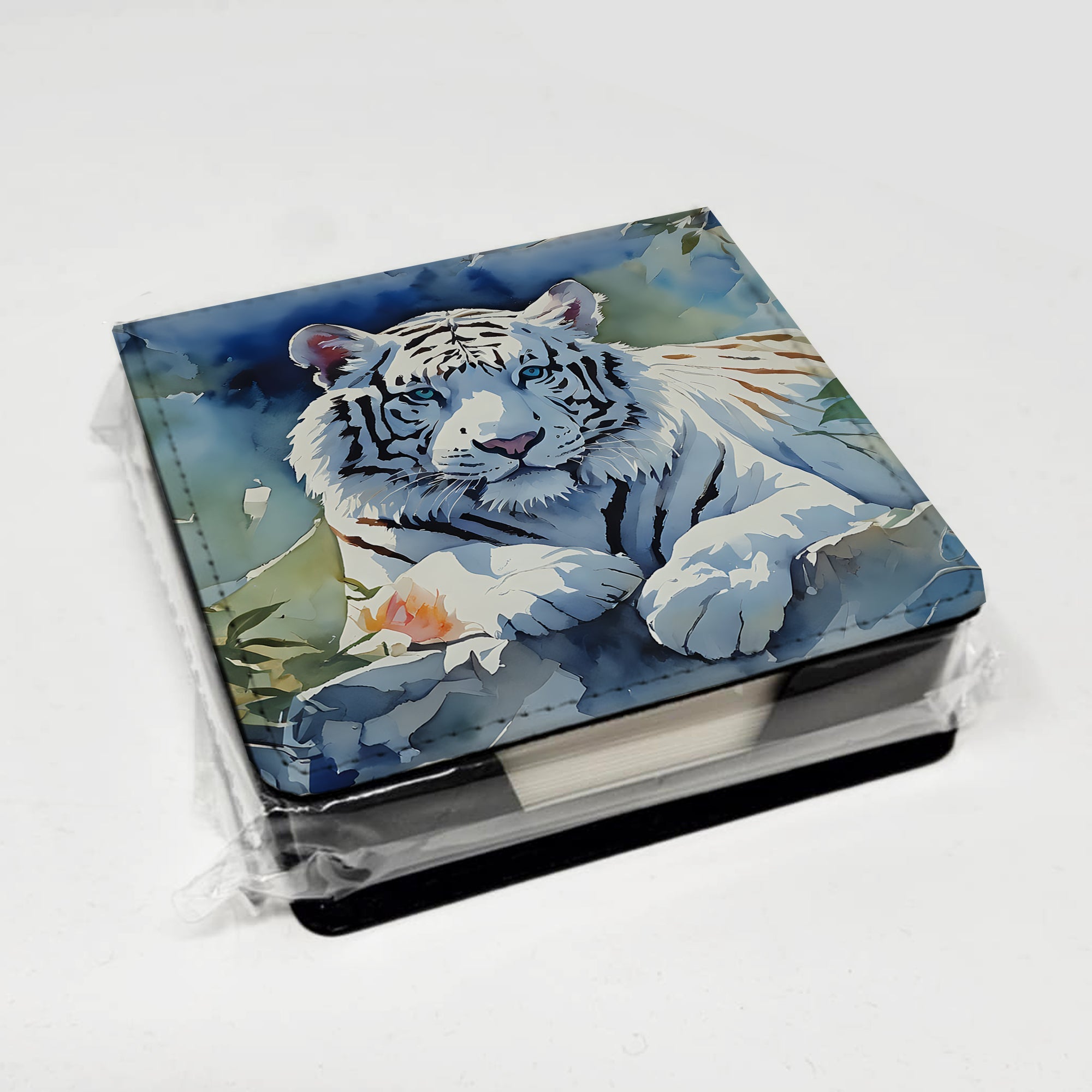 White Tiger PU Leather Note Paper Holder with Artist-Designed Cover, Desk Accessory, Office Gift