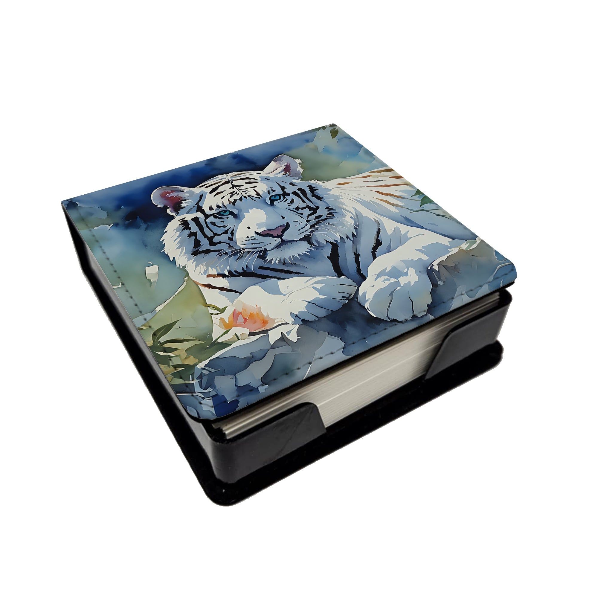 White Tiger PU Leather Note Paper Holder with Artist-Designed Cover, Desk Accessory, Office Gift