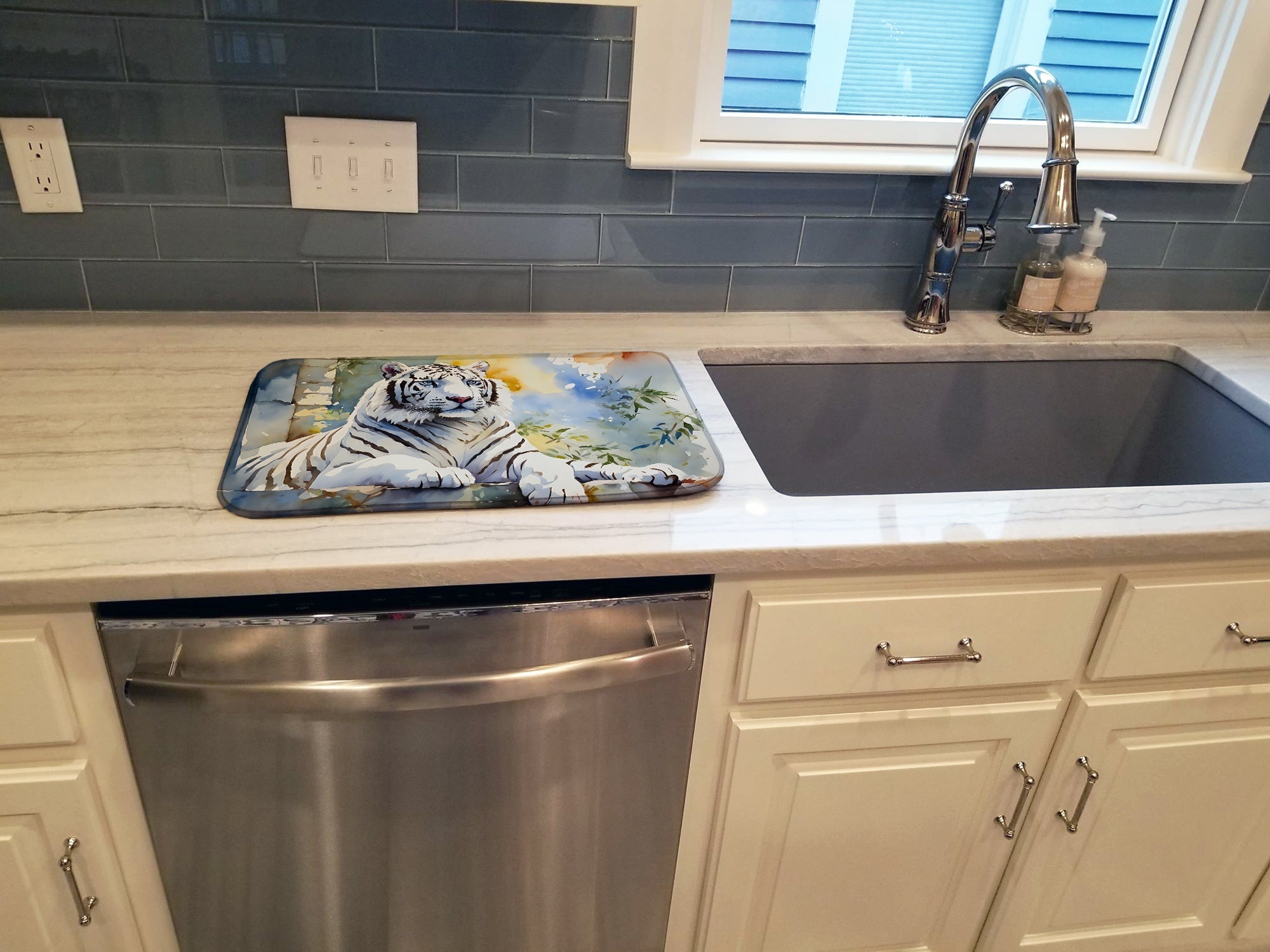 White Tiger Dish Drying Mat Absorbent Dish Drying Mat Pad for Kitchen Counter Dish Drainer Mat for Countertop, 14 x 21", Multicolor