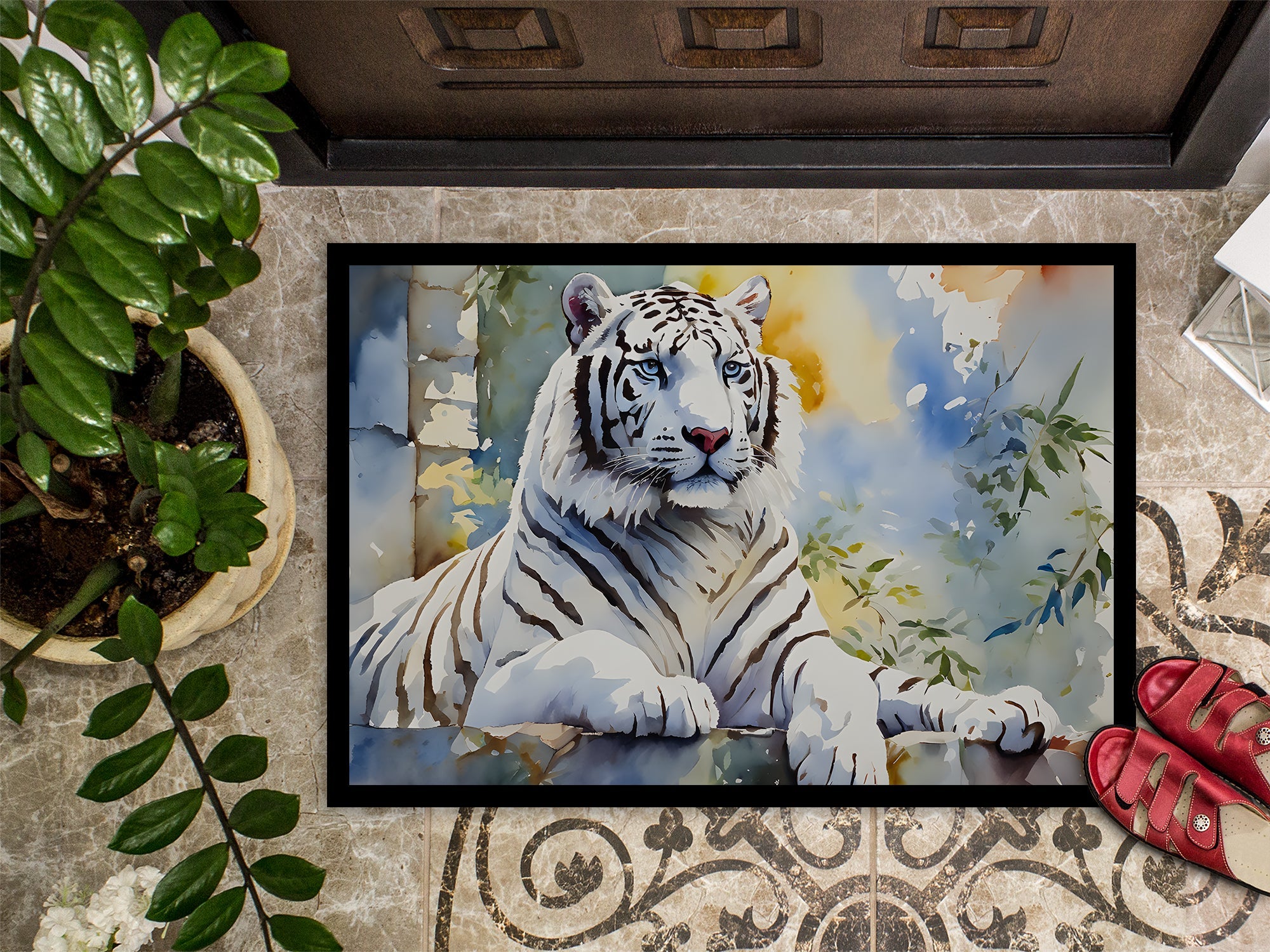 White Tiger Doormat Indoor Outdoor 24H X 36W Front Door Mat Rugs for Entryway, Non Slip Washable Low Pile,