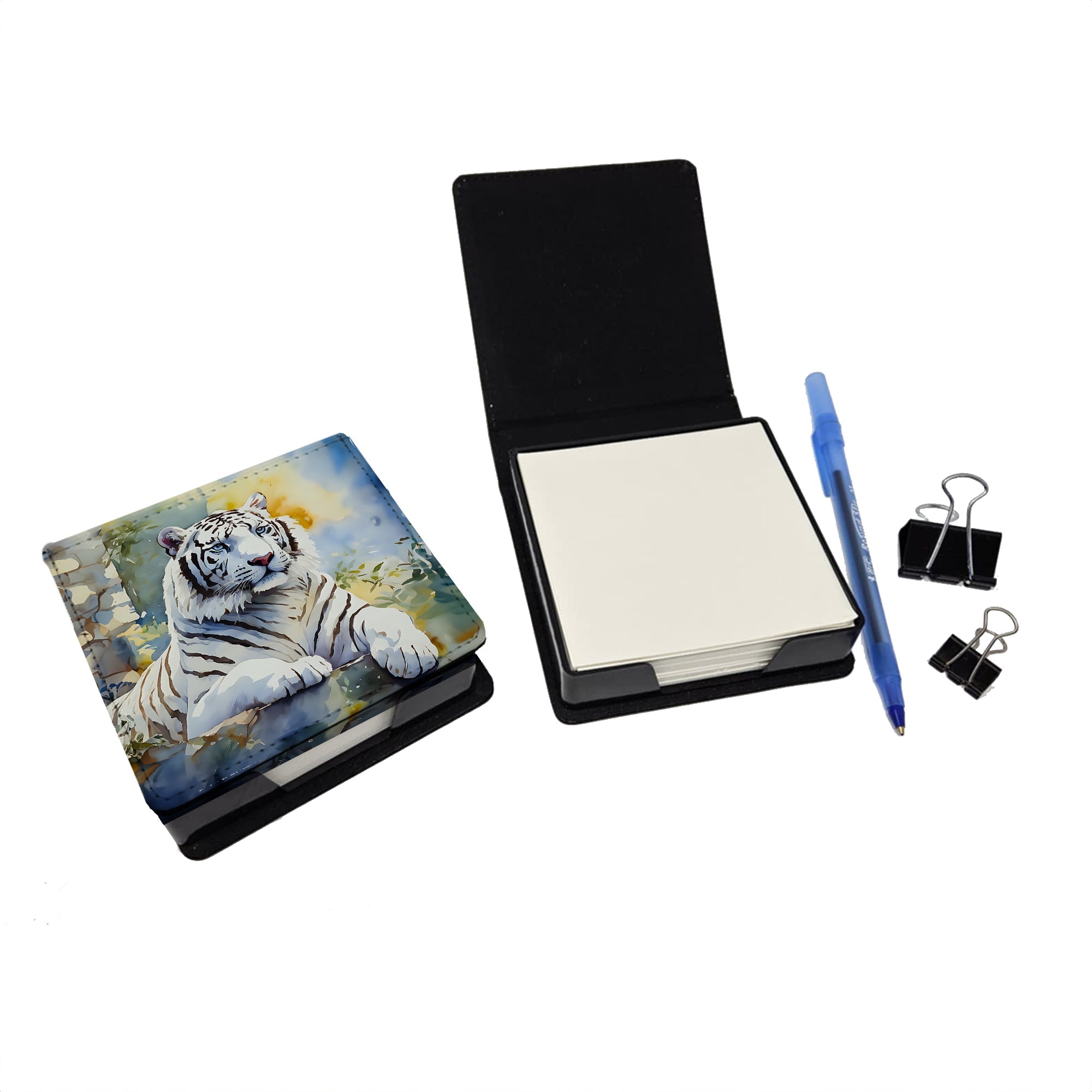 White Tiger PU Leather Note Paper Holder with Artist-Designed Cover, Desk Accessory, Office Gift