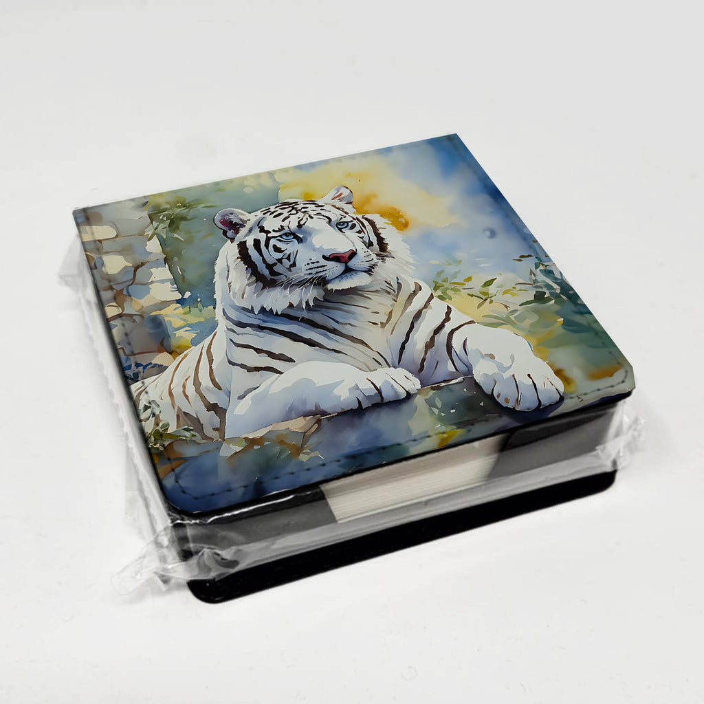 White Tiger PU Leather Note Paper Holder with Artist-Designed Cover, Desk Accessory, Office Gift