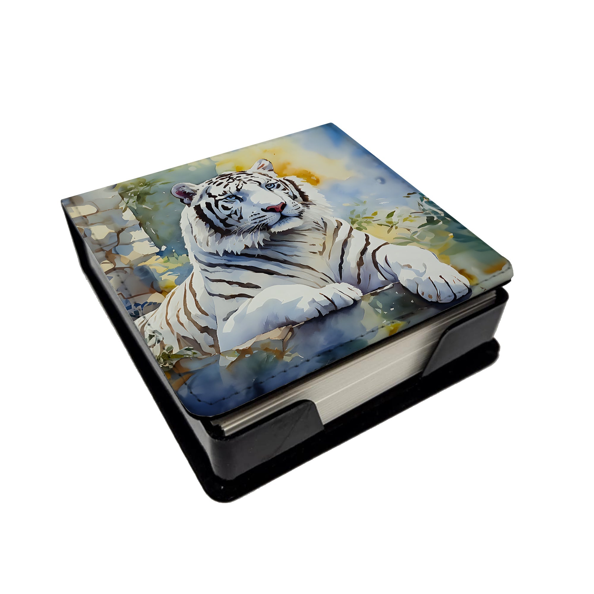 White Tiger PU Leather Note Paper Holder with Artist-Designed Cover, Desk Accessory, Office Gift