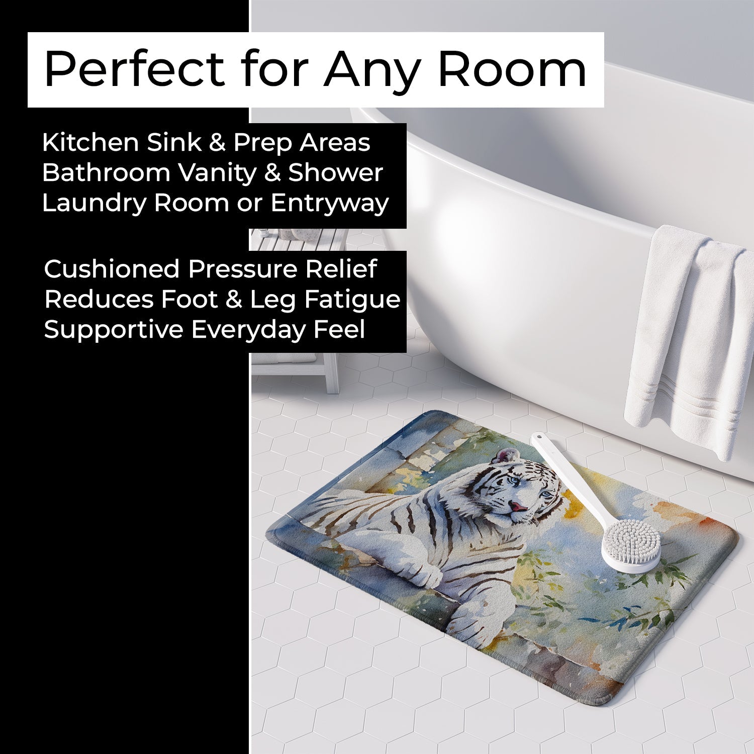 White Tiger Memory Foam Kitchen Mat Machine Washable Anti-Fatigue Cushion Comfort Bath or Kitchen Rug
