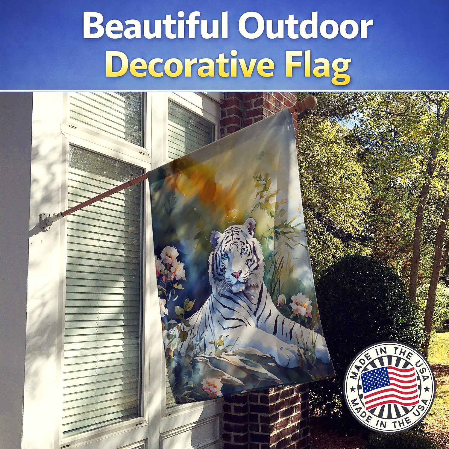 White Tiger House Flag 28x40 Porch Sleeve Pole Decorative Outside Yard Banner Artwork Wall Hanging, Polyester