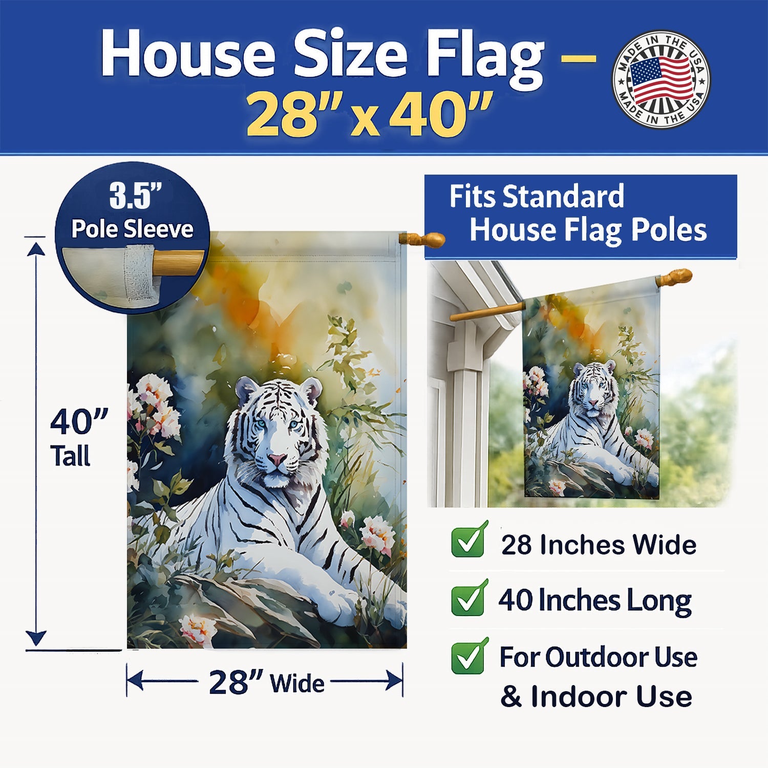 White Tiger House Flag 28x40 Porch Sleeve Pole Decorative Outside Yard Banner Artwork Wall Hanging, Polyester