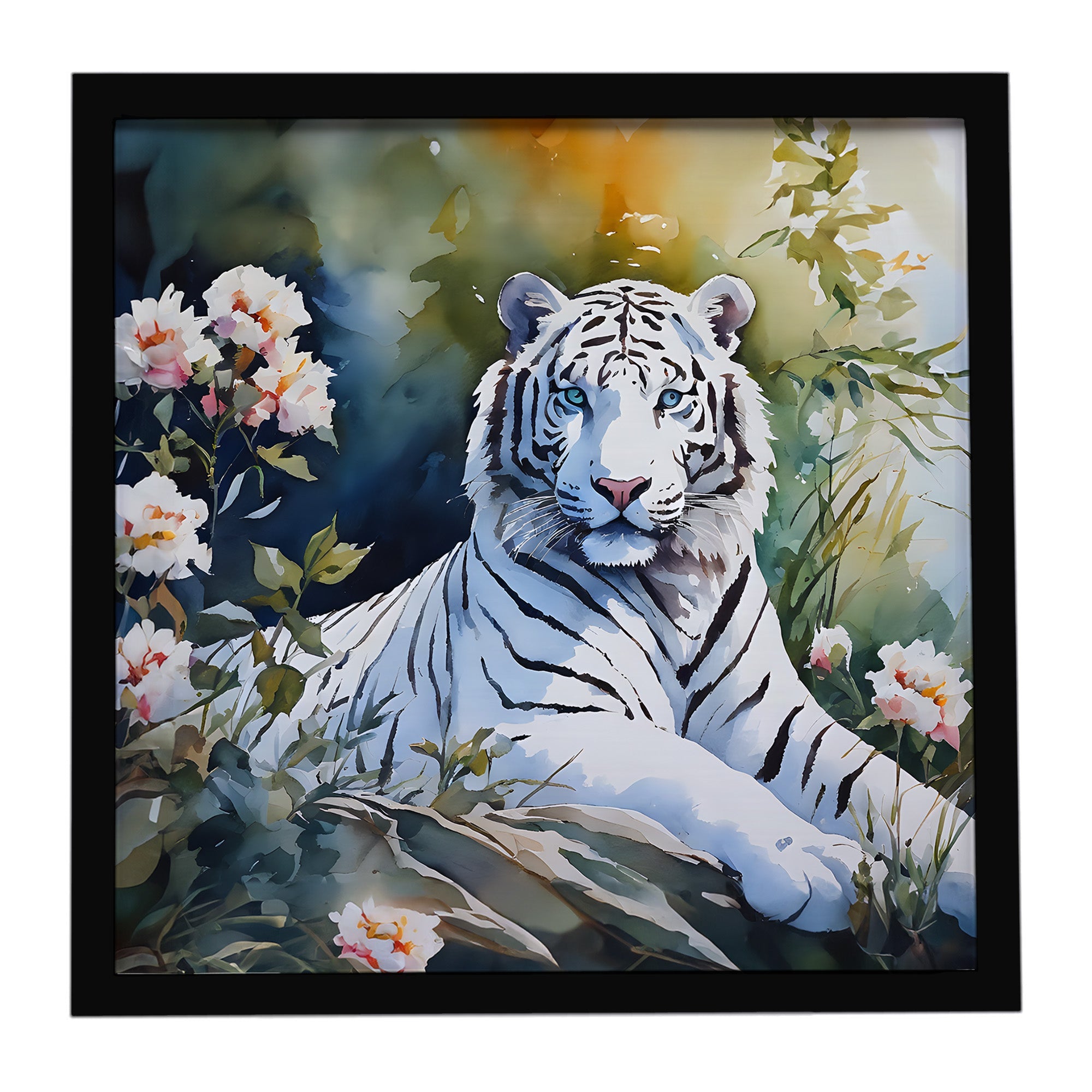 White Tiger Framed Metal Print Bathroom, Kitchen, Office, Home Decor Wall Art Ready to Hang, Square, 8X8