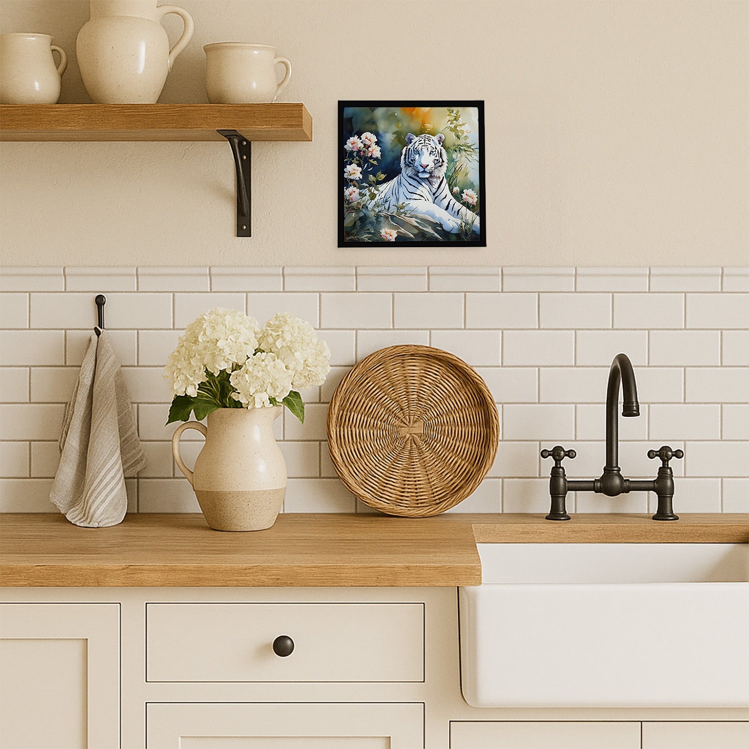 White Tiger Framed Metal Print Bathroom, Kitchen, Office, Home Decor Wall Art Ready to Hang, Square, 8X8