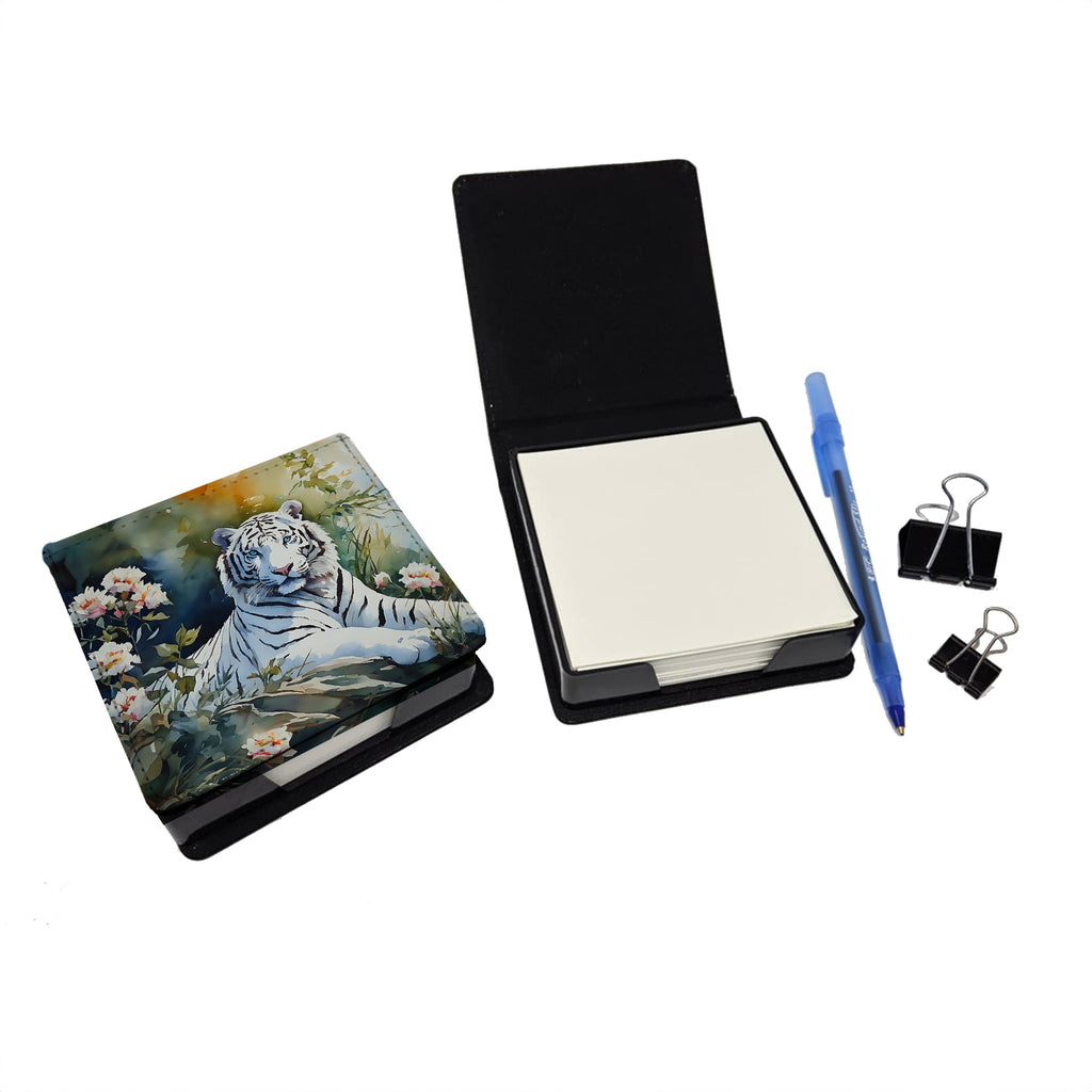 White Tiger PU Leather Note Paper Holder with Artist-Designed Cover, Desk Accessory, Office Gift