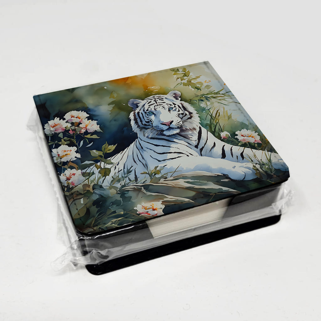 White Tiger PU Leather Note Paper Holder with Artist-Designed Cover, Desk Accessory, Office Gift