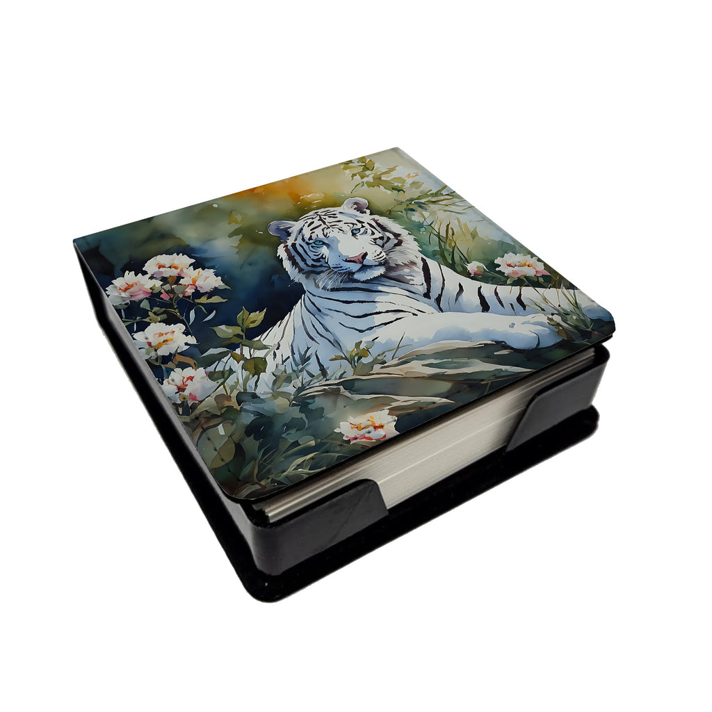 White Tiger PU Leather Note Paper Holder with Artist-Designed Cover, Desk Accessory, Office Gift