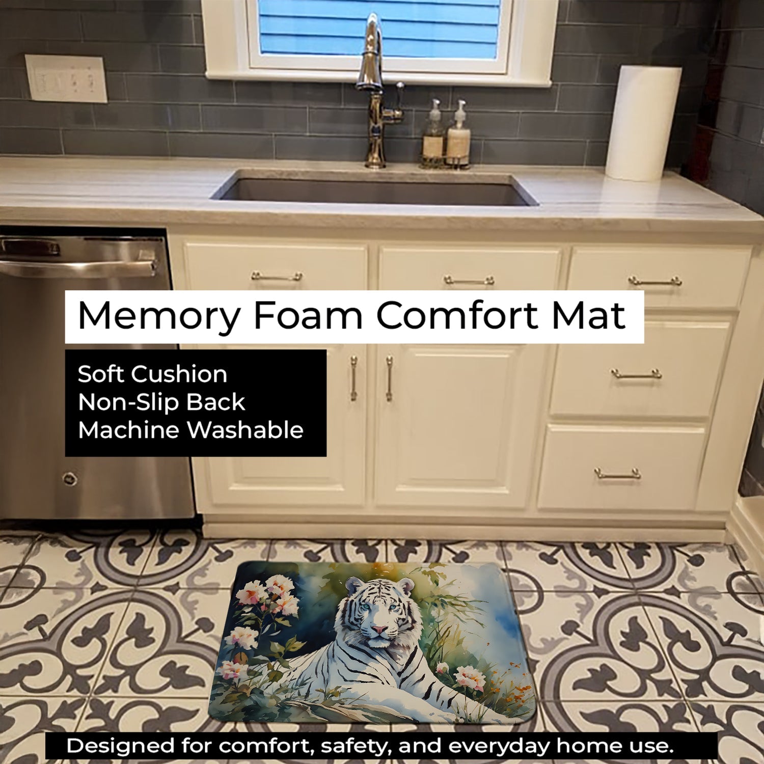 White Tiger Memory Foam Kitchen Mat Machine Washable Anti-Fatigue Cushion Comfort Bath or Kitchen Rug