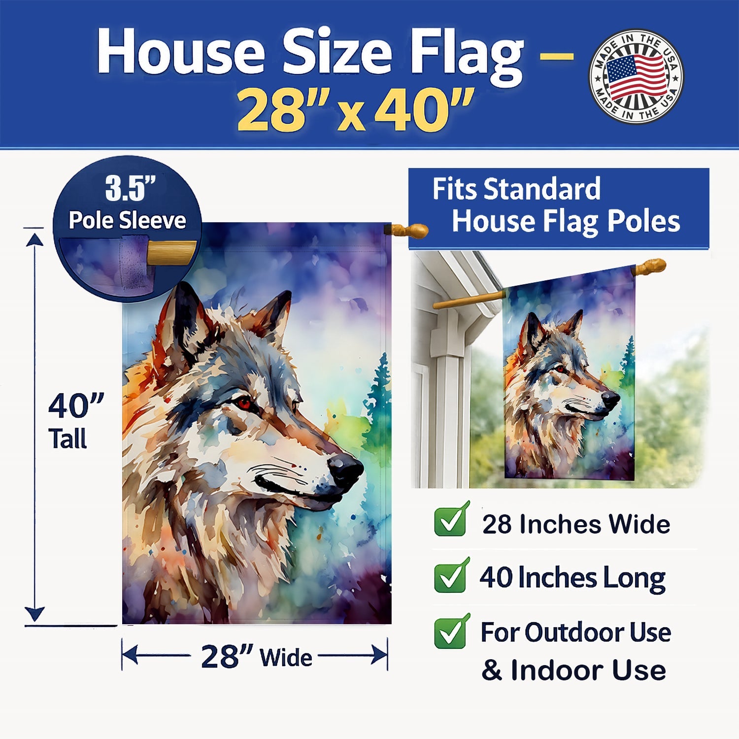 Wolves Wolf  House Flag 28x40 Porch Sleeve Pole Decorative Outside Yard Banner Artwork Wall Hanging, Polyester