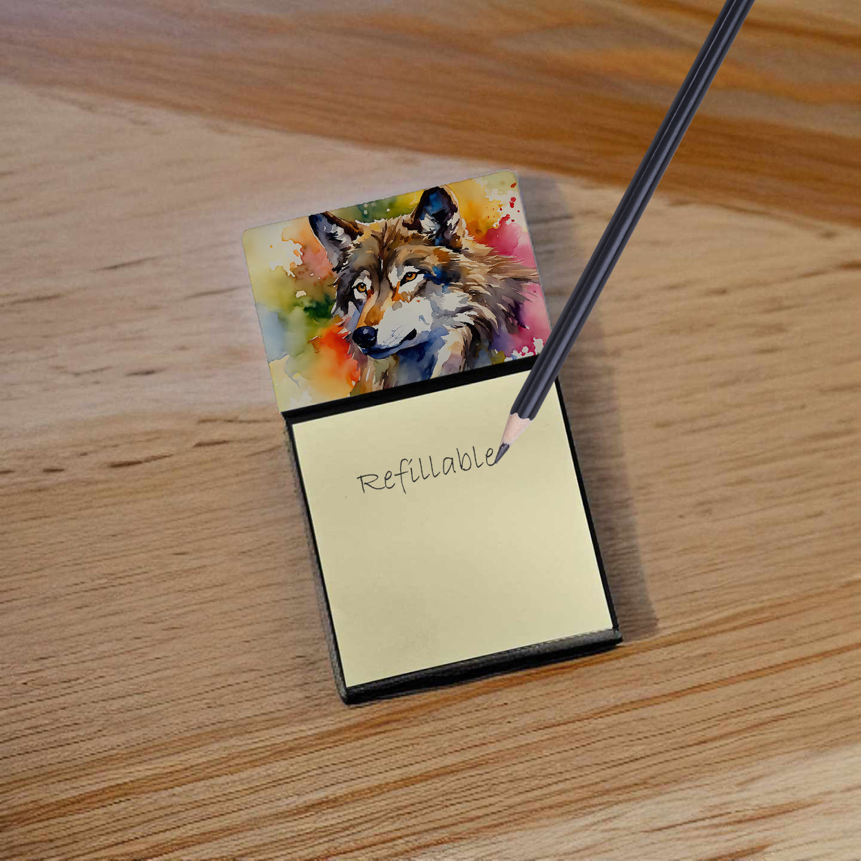 Wolves Wolf  Watercolor Sticky Note Holder Refillable Dispenser Desk Accessory 3x3 Pad Gift