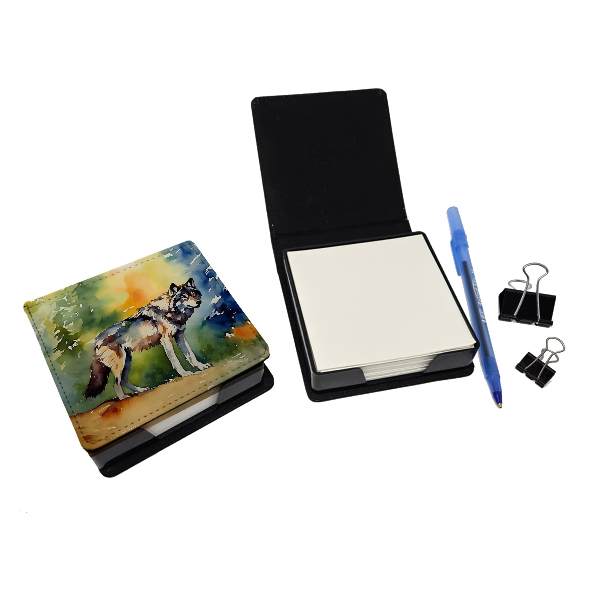 Wolves Wolf  PU Leather Note Paper Holder with Artist-Designed Cover, Desk Accessory, Office Gift