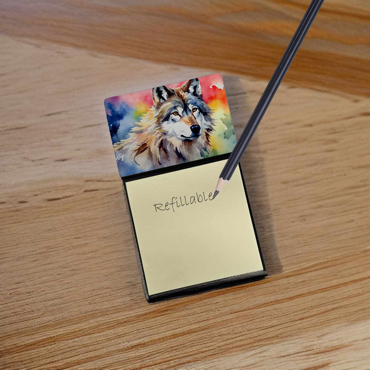 Wolves Wolf  Watercolor Sticky Note Holder Refillable Dispenser Desk Accessory 3x3 Pad Gift