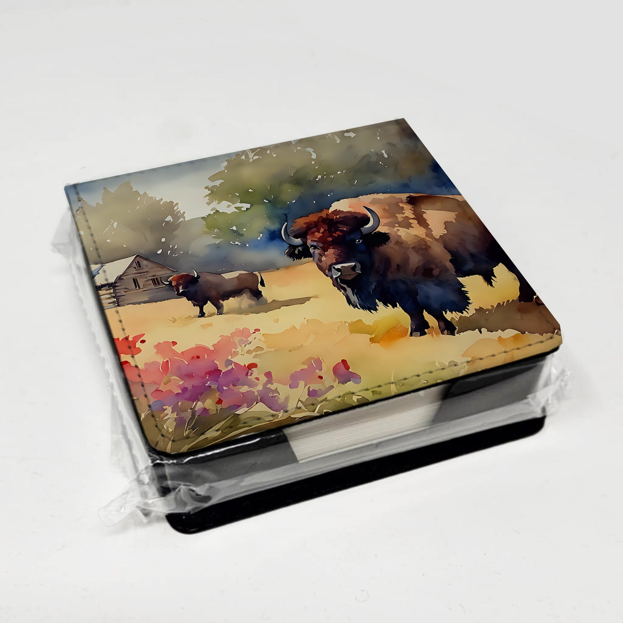 Wood Bison PU Leather Note Paper Holder with Artist-Designed Cover, Desk Accessory, Office Gift