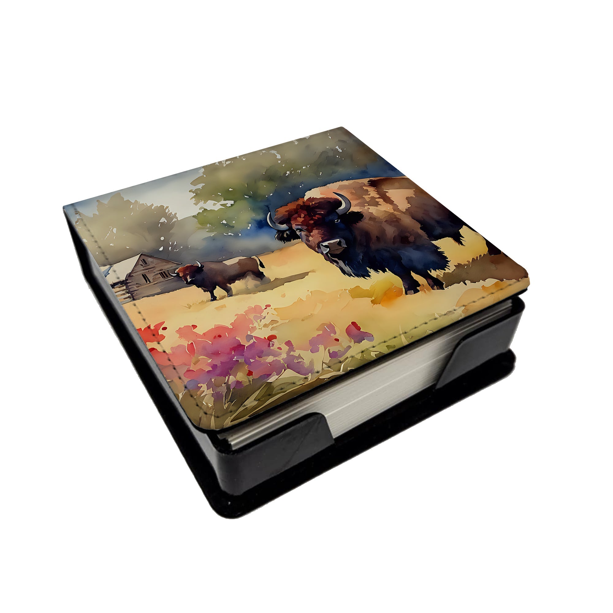 Wood Bison PU Leather Note Paper Holder with Artist-Designed Cover, Desk Accessory, Office Gift