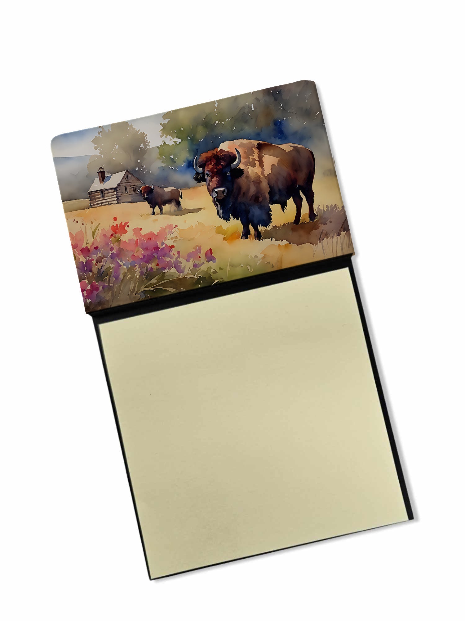 Wood Bison Watercolor Sticky Note Holder Refillable Dispenser Desk Accessory 3x3 Pad Gift