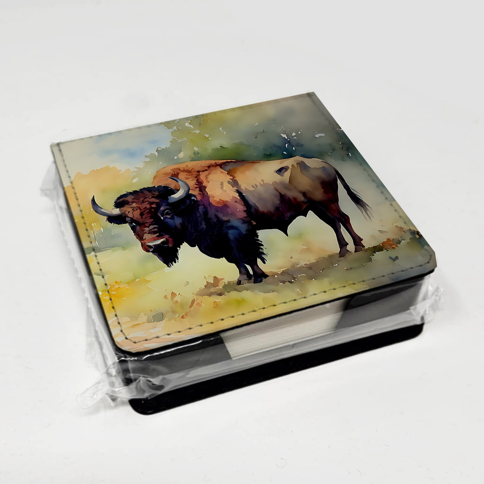 Wood Bison PU Leather Note Paper Holder with Artist-Designed Cover, Desk Accessory, Office Gift