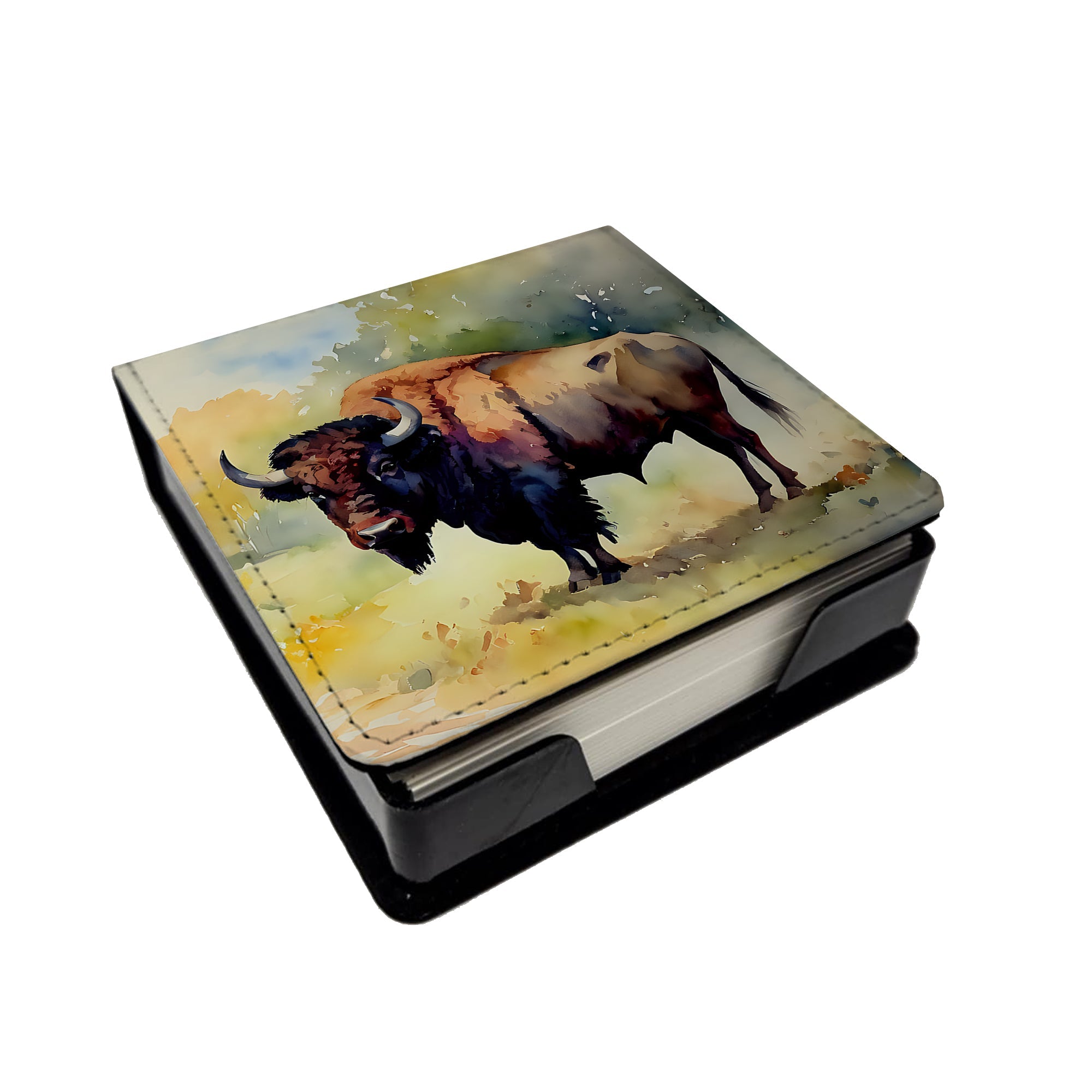 Wood Bison PU Leather Note Paper Holder with Artist-Designed Cover, Desk Accessory, Office Gift