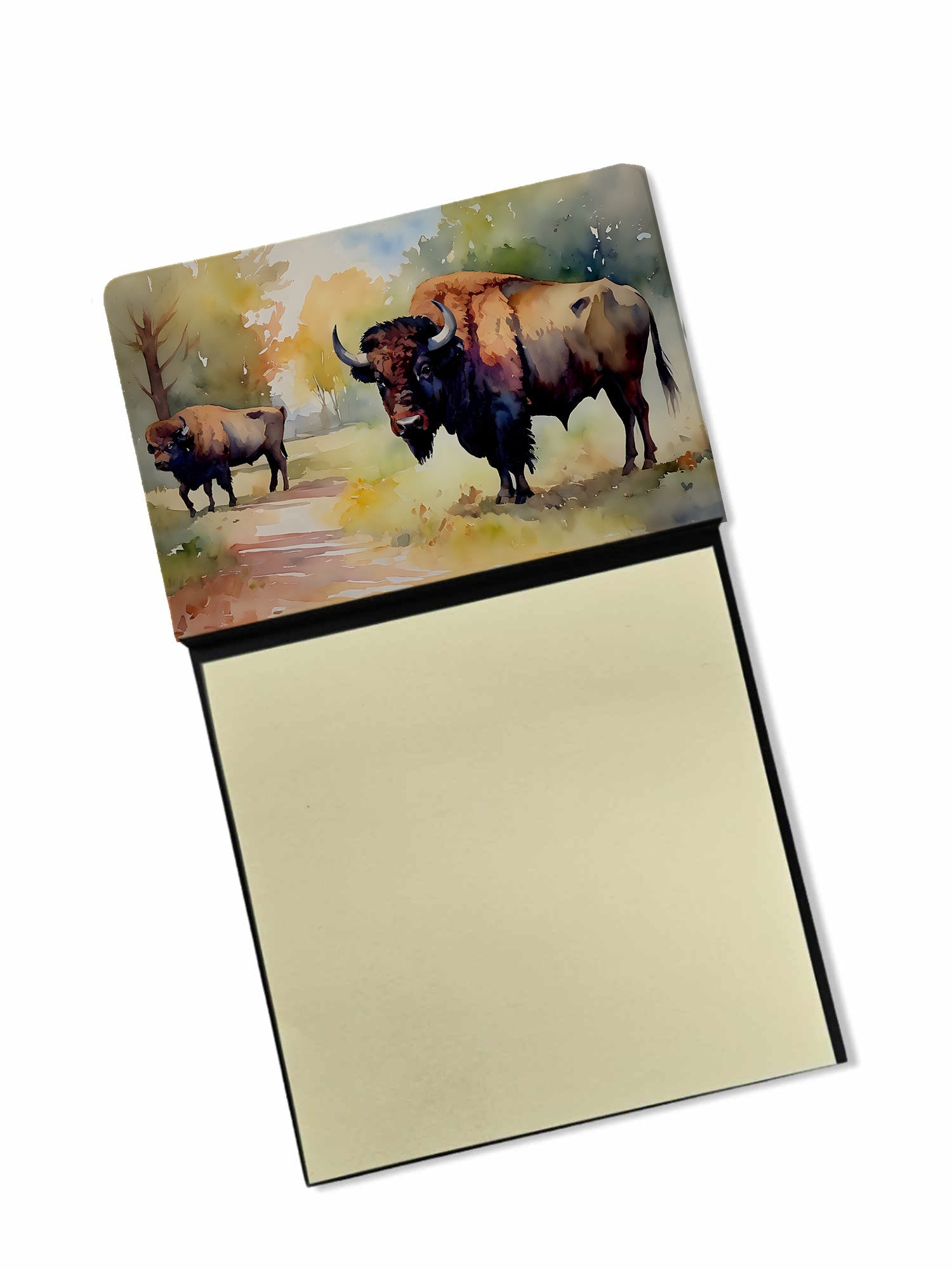 Wood Bison Watercolor Sticky Note Holder Refillable Dispenser Desk Accessory 3x3 Pad Gift