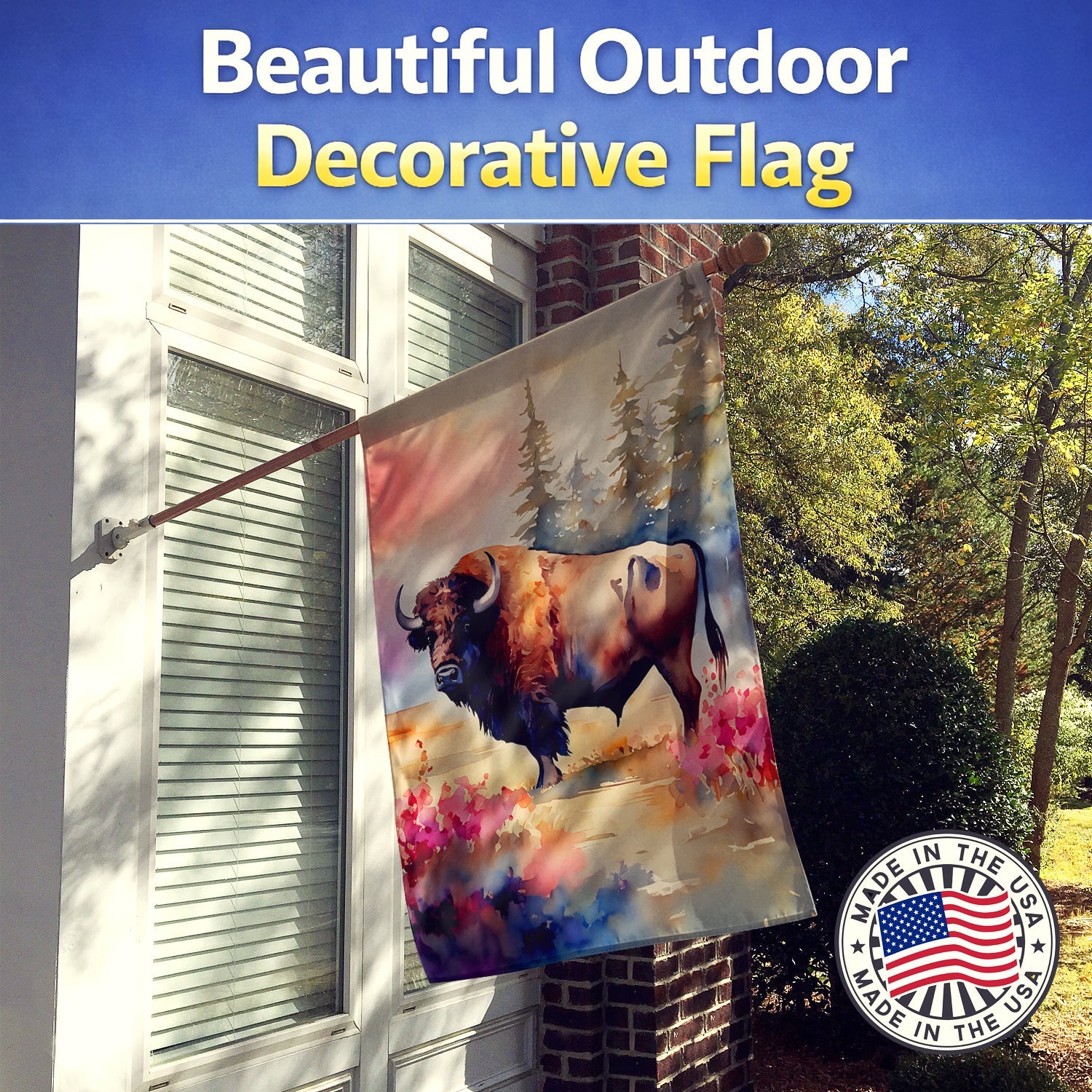 Wood Bison House Flag 28x40 Porch Sleeve Pole Decorative Outside Yard Banner Artwork Wall Hanging, Polyester