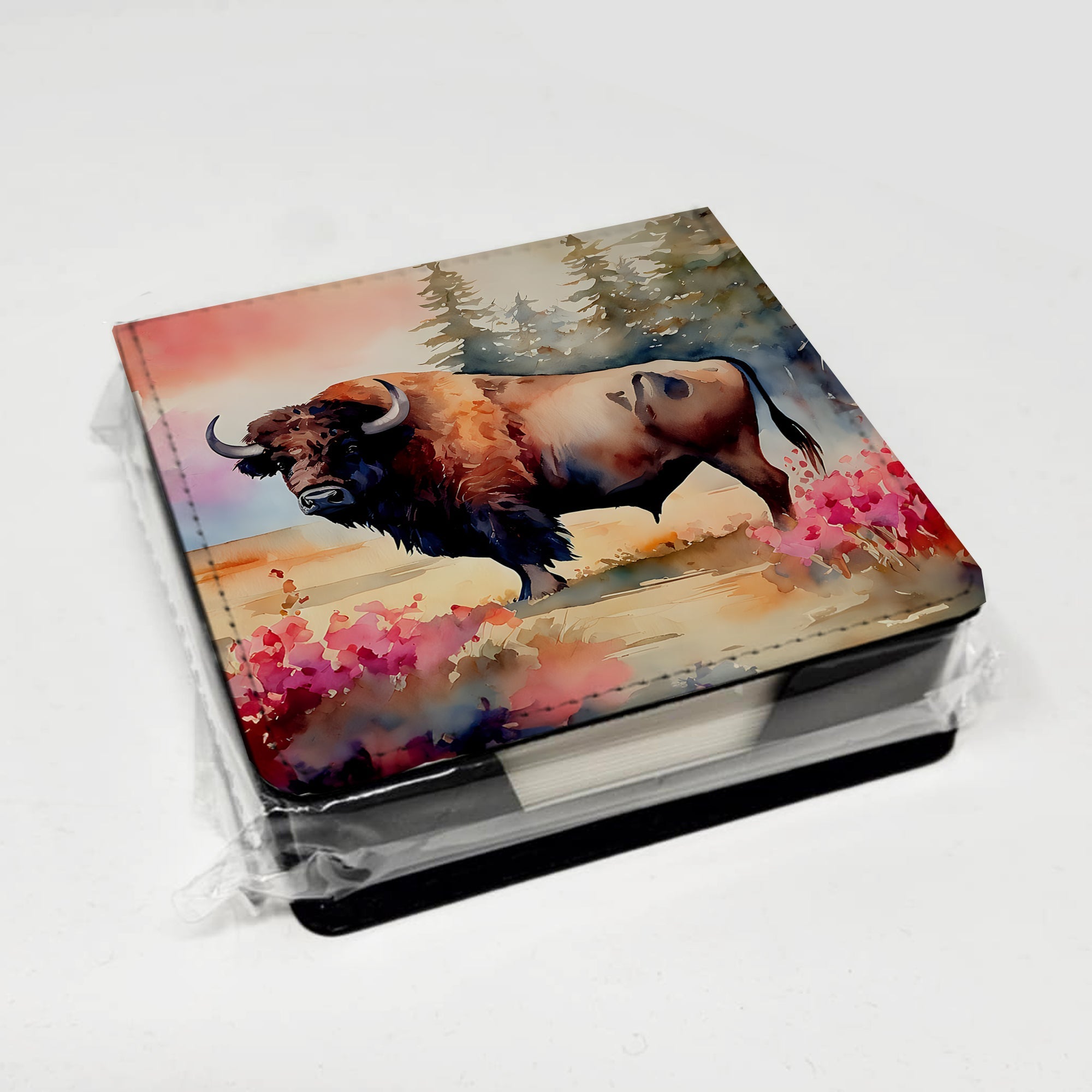 Wood Bison PU Leather Note Paper Holder with Artist-Designed Cover, Desk Accessory, Office Gift