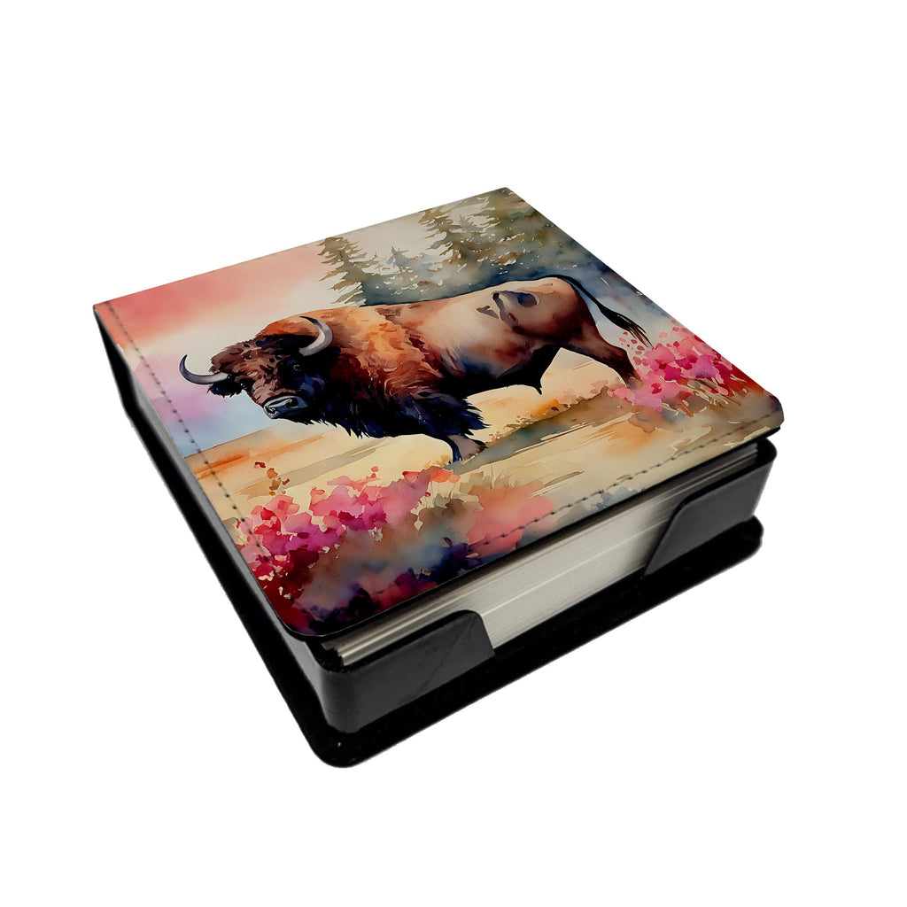 Wood Bison PU Leather Note Paper Holder with Artist-Designed Cover, Desk Accessory, Office Gift