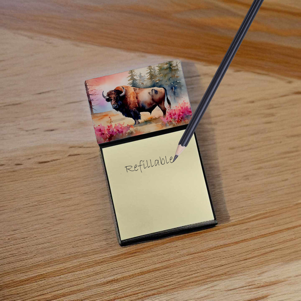 Wood Bison Watercolor Sticky Note Holder Refillable Dispenser Desk Accessory 3x3 Pad Gift