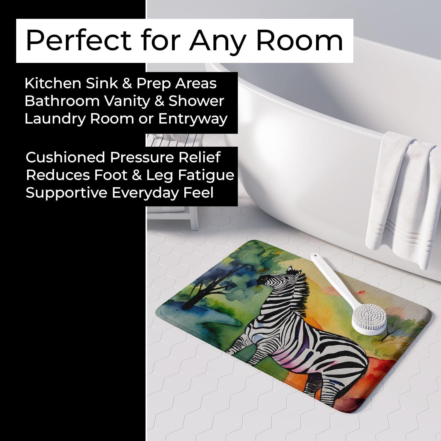 Zebra Memory Foam Kitchen Mat Machine Washable Anti-Fatigue Cushion Comfort Bath or Kitchen Rug