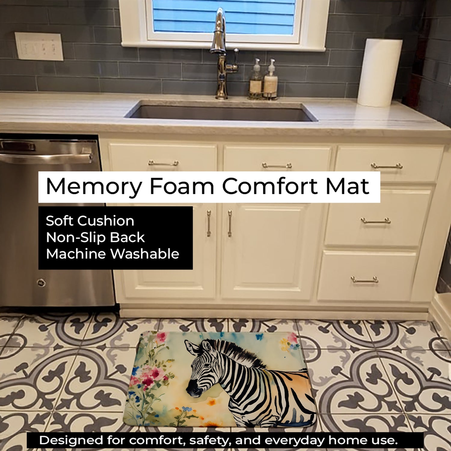 Zebra Memory Foam Kitchen Mat Machine Washable Anti-Fatigue Cushion Comfort Bath or Kitchen Rug