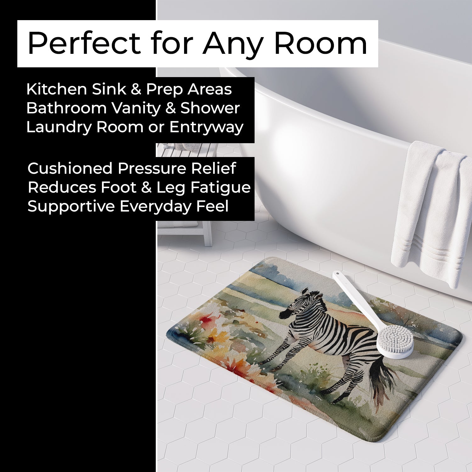 Zebra Memory Foam Kitchen Mat Machine Washable Anti-Fatigue Cushion Comfort Bath or Kitchen Rug